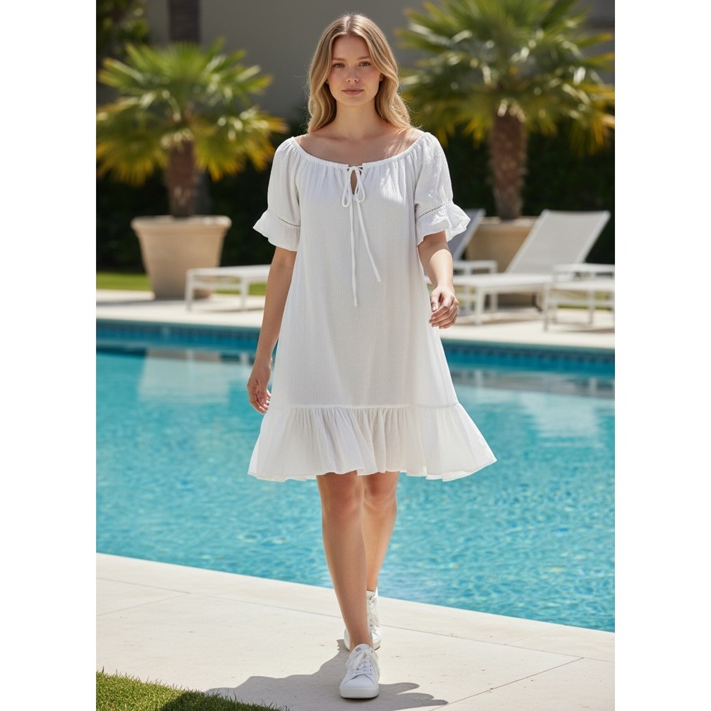 Draper James Womens Small Light Blue‎ Ruffle Hem V-Neck Mini Dress Tunic NEW